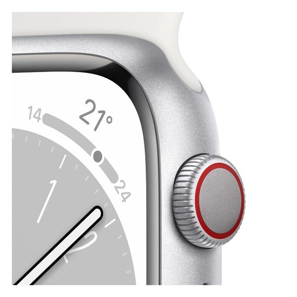 ساعة آبل واتش سيريس 8 GPS + Cellular مقاس 41 ملم بهيكل من الألومنيوم الفضي مع سوار رياضي فضي ساعة آبل واتش سيريس 8 GPS + Cellular مقاس 41 ملم بهيكل من الألومنيوم الفضي مع سوار رياضي فضي